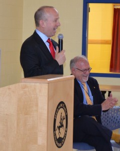 Governor Markell addresses over 500 kindergarten students as part of an Arbor Day celebration at McIlvaine as Caesar Rodney School District Superintendent Kevin Fitzgerald looks on.